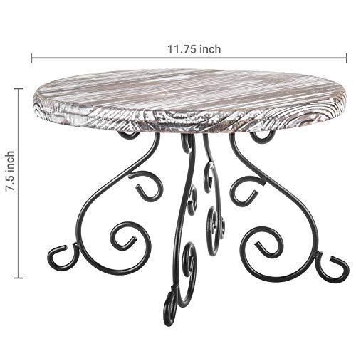 MyGift Torched Wood Cake Stand with Black Metal Scrollwork Pedestal, 12-Inch Round Dessert Cupcake Stand
