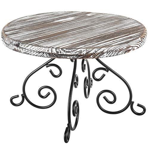 MyGift Torched Wood Cake Stand with Black Metal Scrollwork Pedestal, 12-Inch Round Dessert Cupcake Stand