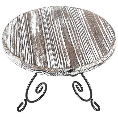 MyGift Torched Wood Cake Stand with Black Metal Scrollwork Pedestal, 12-Inch Round Dessert Cupcake Stand