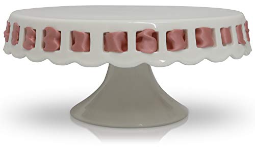 White Ceramic Cake Stand with Pink Ribbon - Round Cake Stand with Scalloped Edges - Dessert Holder for Wedding and Birthday - Kitchen Decor - 4” x 8.5” - White
