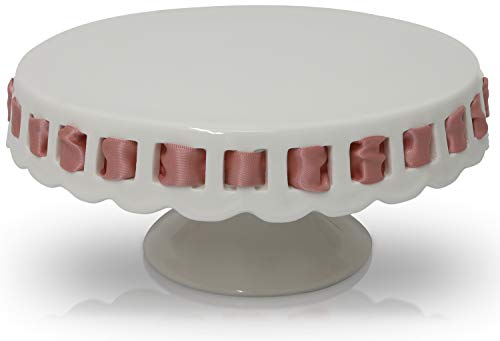 White Ceramic Cake Stand with Pink Ribbon - Round Cake Stand with Scalloped Edges - Dessert Holder for Wedding and Birthday - Kitchen Decor - 4” x 8.5” - White