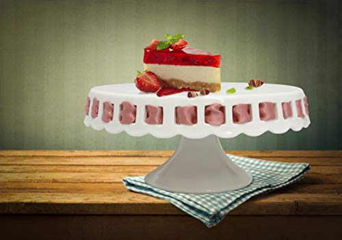 White Ceramic Cake Stand with Pink Ribbon - Round Cake Stand with Scalloped Edges - Dessert Holder for Wedding and Birthday - Kitchen Decor - 4” x 8.5” - White