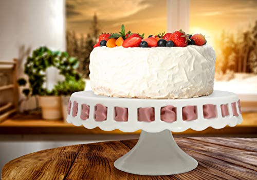 White Ceramic Cake Stand with Pink Ribbon - Round Cake Stand with Scalloped Edges - Dessert Holder for Wedding and Birthday - Kitchen Decor - 4” x 8.5” - White