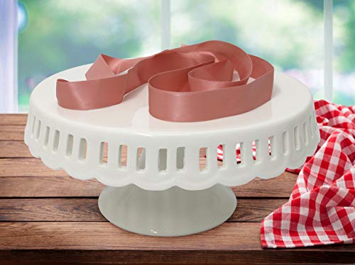 White Ceramic Cake Stand with Pink Ribbon - Round Cake Stand with Scalloped Edges - Dessert Holder for Wedding and Birthday - Kitchen Decor - 4” x 8.5” - White