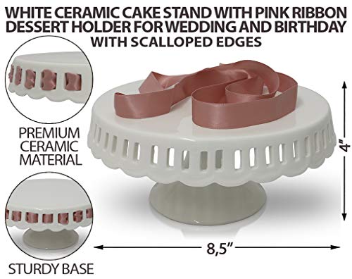 White Ceramic Cake Stand with Pink Ribbon - Round Cake Stand with Scalloped Edges - Dessert Holder for Wedding and Birthday - Kitchen Decor - 4” x 8.5” - White
