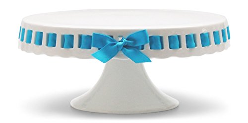 10 inch Pedestal Footed Cake Display Stand with Scalloped Edge and Interchangeable Ribbon Trim (Includes 3 Grosgrain Ribbons) Perfect for Wedding Cakes Baby Showers Birthdays