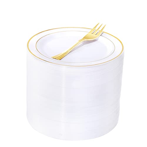 WELLIFE 240 PCS Gold Plastic Dessert Plates, 6.5 inch Disposable Salad Plates, Premium White Appetizer Plates with Gold Rims Perfect for Parties or Weddings