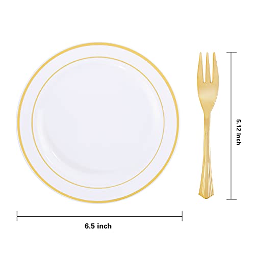 WELLIFE 240 PCS Gold Plastic Dessert Plates, 6.5 inch Disposable Salad Plates, Premium White Appetizer Plates with Gold Rims Perfect for Parties or Weddings
