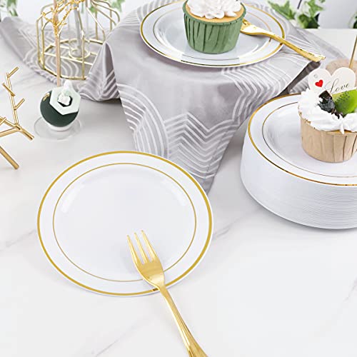WELLIFE 240 PCS Gold Plastic Dessert Plates, 6.5 inch Disposable Salad Plates, Premium White Appetizer Plates with Gold Rims Perfect for Parties or Weddings