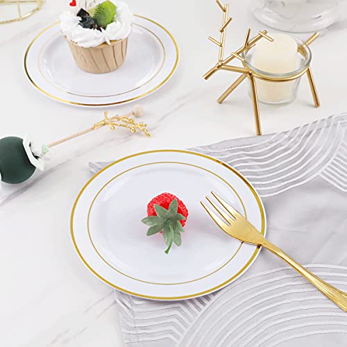 WELLIFE 240 PCS Gold Plastic Dessert Plates, 6.5 inch Disposable Salad Plates, Premium White Appetizer Plates with Gold Rims Perfect for Parties or Weddings