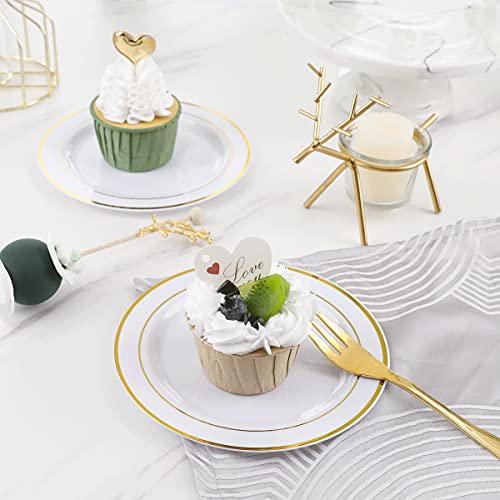 WELLIFE 240 PCS Gold Plastic Dessert Plates, 6.5 inch Disposable Salad Plates, Premium White Appetizer Plates with Gold Rims Perfect for Parties or Weddings