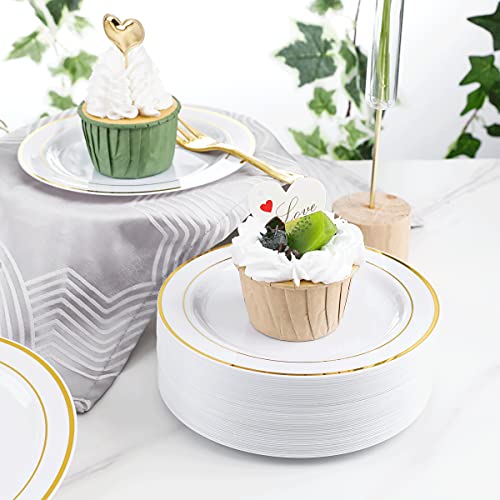 WELLIFE 240 PCS Gold Plastic Dessert Plates, 6.5 inch Disposable Salad Plates, Premium White Appetizer Plates with Gold Rims Perfect for Parties or Weddings