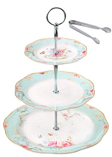 Jusalpha Light Blue 3-Tier Ceramic Cake Stand- Cupcake Stand- Tea Party Pastry Serving Platter Comes in a Gift Box- Free Sugar Tong (FD-QD3T)
