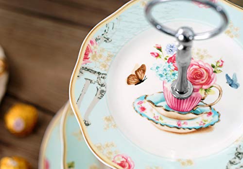 Jusalpha Light Blue 3-Tier Ceramic Cake Stand- Cupcake Stand- Tea Party Pastry Serving Platter Comes in a Gift Box- Free Sugar Tong (FD-QD3T)