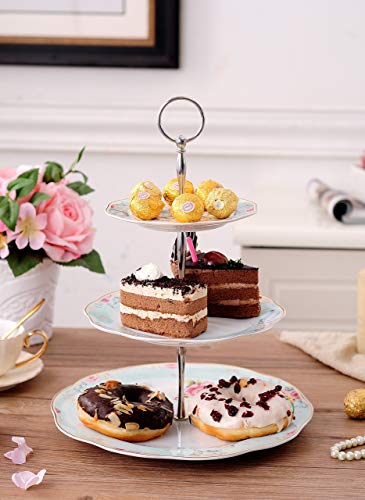 Jusalpha Light Blue 3-Tier Ceramic Cake Stand- Cupcake Stand- Tea Party Pastry Serving Platter Comes in a Gift Box- Free Sugar Tong (FD-QD3T)