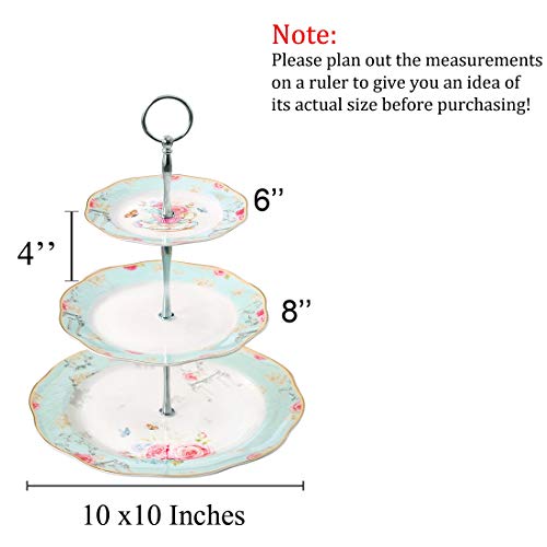 Jusalpha Light Blue 3-Tier Ceramic Cake Stand- Cupcake Stand- Tea Party Pastry Serving Platter Comes in a Gift Box- Free Sugar Tong (FD-QD3T)