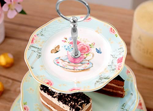 Jusalpha Light Blue 3-Tier Ceramic Cake Stand- Cupcake Stand- Tea Party Pastry Serving Platter Comes in a Gift Box- Free Sugar Tong (FD-QD3T)
