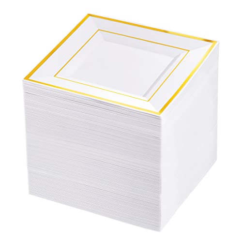 bUCLA 100PCS Gold Square Plastic Plates-6inch Disposable Dessert/Cake Plates- Premium Hard Square Small Appetizer Plates for Wedding/Party