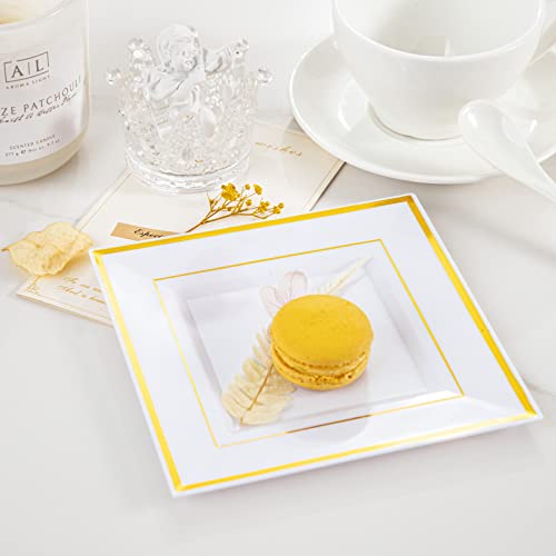 bUCLA 100PCS Gold Square Plastic Plates-6inch Disposable Dessert/Cake Plates- Premium Hard Square Small Appetizer Plates for Wedding/Party