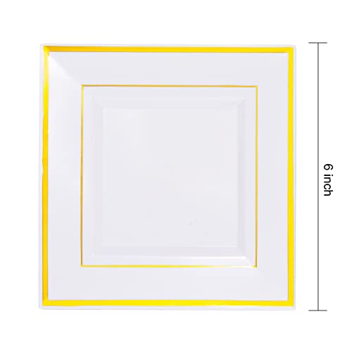 bUCLA 100PCS Gold Square Plastic Plates-6inch Disposable Dessert/Cake Plates- Premium Hard Square Small Appetizer Plates for Wedding/Party