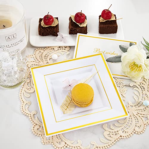 bUCLA 100PCS Gold Square Plastic Plates-6inch Disposable Dessert/Cake Plates- Premium Hard Square Small Appetizer Plates for Wedding/Party