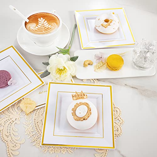 bUCLA 100PCS Gold Square Plastic Plates-6inch Disposable Dessert/Cake Plates- Premium Hard Square Small Appetizer Plates for Wedding/Party