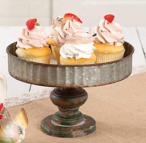 Colonial Tin Works Corrugated Galvanized Metal Serving Tray Stand Kitchen Supplies, 9.5" diameter x 6" tall x 1.5" deep, Gray