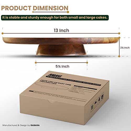 RABAHA 13" Acacia Wood Cake Stand Rotating – Rustic Cake Stand Turntable – Wooden Revolving Spinner Cake Decorating Supplies - Use at Parties, Weddings, Restaurants (Acacia Wood)
