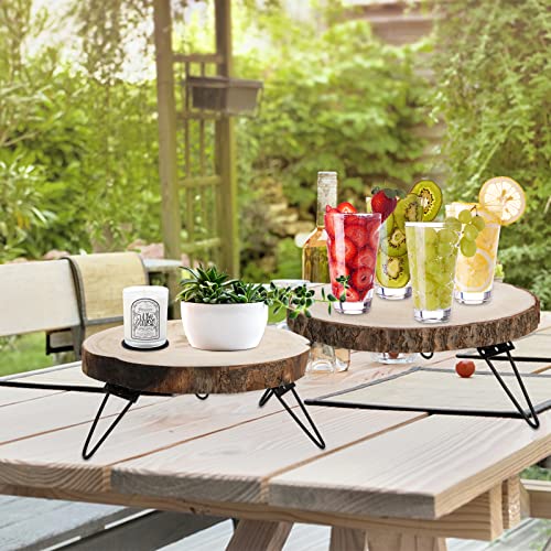 DEAYOU 2 Pack Rustic Wood Cake Stand, 9"/ 12" Round Wooden Cupcake Pedestal, Paulownia Wood Slice Pie Stand with Metal Leg, Wedding Cake Holder Slab Tray for Display, Dessert Table, Candles, Plants