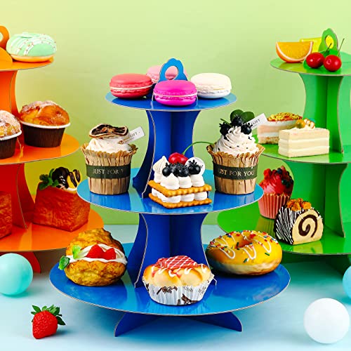 6 Set 3 Tier Cardboard Cupcake Stand Tiered Cake Holders Colorful Dessert Stand Paper Cake Stand Reusable Round 3 Tier Tower for Table Display Birthday Bridal Shower Party Supplies, 6 Colors