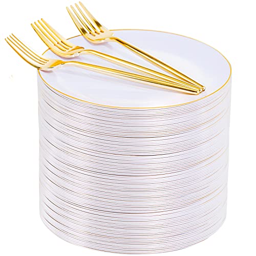 Rubtlamp 200Pcs Gold Plastic Dessert Plates,Gold Small Plates Disposable,White Appetizer Plates with Gold Disposable Forks, Dessert Party Plates Cake Plates Include 7.5" Salad Plates, 7.6" Gold Forks