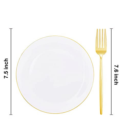 Rubtlamp 200Pcs Gold Plastic Dessert Plates,Gold Small Plates Disposable,White Appetizer Plates with Gold Disposable Forks, Dessert Party Plates Cake Plates Include 7.5" Salad Plates, 7.6" Gold Forks