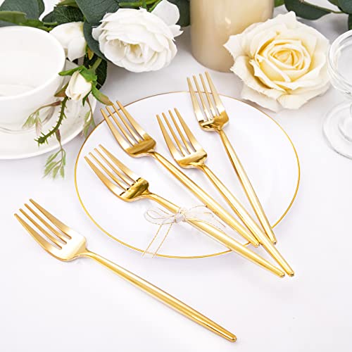 Rubtlamp 200Pcs Gold Plastic Dessert Plates,Gold Small Plates Disposable,White Appetizer Plates with Gold Disposable Forks, Dessert Party Plates Cake Plates Include 7.5" Salad Plates, 7.6" Gold Forks