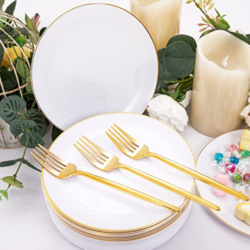 Rubtlamp 200Pcs Gold Plastic Dessert Plates,Gold Small Plates Disposable,White Appetizer Plates with Gold Disposable Forks, Dessert Party Plates Cake Plates Include 7.5" Salad Plates, 7.6" Gold Forks