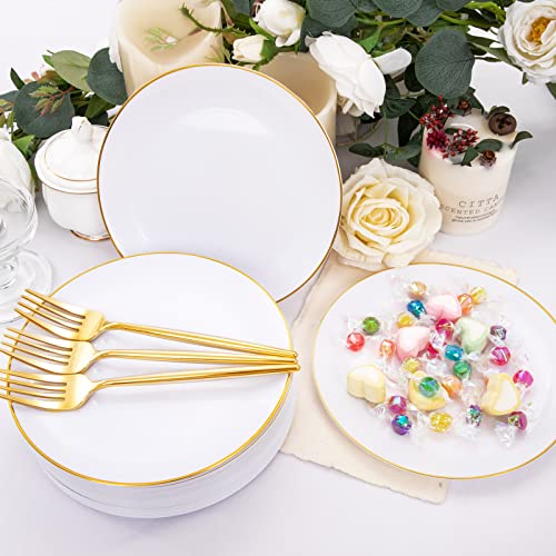 Rubtlamp 200Pcs Gold Plastic Dessert Plates,Gold Small Plates Disposable,White Appetizer Plates with Gold Disposable Forks, Dessert Party Plates Cake Plates Include 7.5" Salad Plates, 7.6" Gold Forks