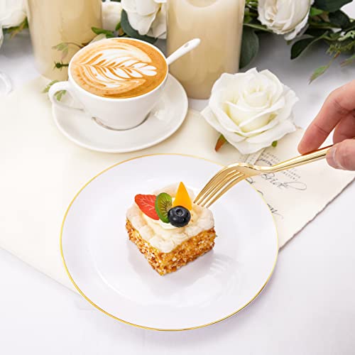 Rubtlamp 200Pcs Gold Plastic Dessert Plates,Gold Small Plates Disposable,White Appetizer Plates with Gold Disposable Forks, Dessert Party Plates Cake Plates Include 7.5" Salad Plates, 7.6" Gold Forks