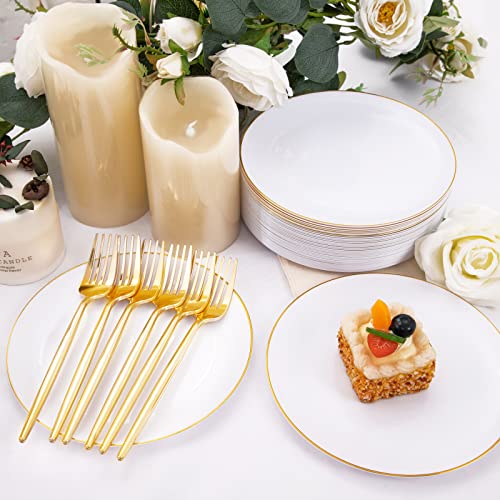 Rubtlamp 200Pcs Gold Plastic Dessert Plates,Gold Small Plates Disposable,White Appetizer Plates with Gold Disposable Forks, Dessert Party Plates Cake Plates Include 7.5" Salad Plates, 7.6" Gold Forks