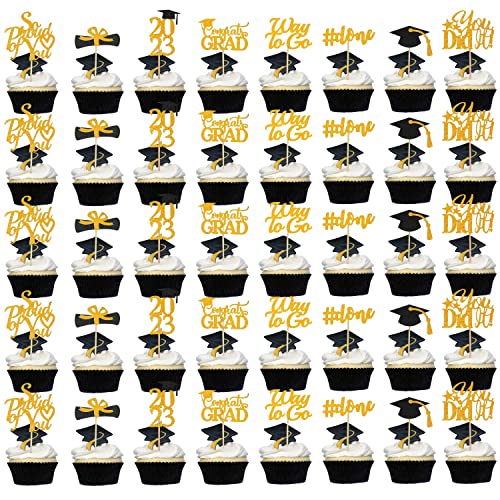 Graduation Cupcake Toppers 2023 Orange, Glitter Class of 2023 Cupcake Toppers Supplies, Class of 2023 Congrats Grad Cap Diploma Cupcake Picks for Graduation Party Decorations 2023 Orange and Black - 40Pcs