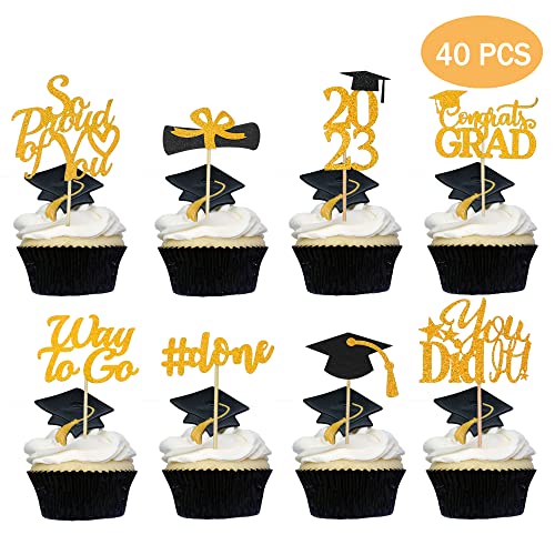Graduation Cupcake Toppers 2023 Orange, Glitter Class of 2023 Cupcake Toppers Supplies, Class of 2023 Congrats Grad Cap Diploma Cupcake Picks for Graduation Party Decorations 2023 Orange and Black - 40Pcs