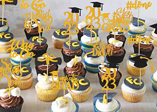 Graduation Cupcake Toppers 2023 Orange, Glitter Class of 2023 Cupcake Toppers Supplies, Class of 2023 Congrats Grad Cap Diploma Cupcake Picks for Graduation Party Decorations 2023 Orange and Black - 40Pcs