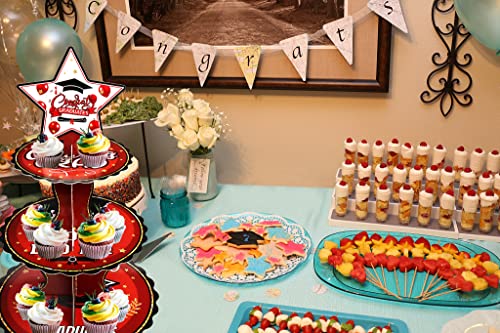 ALIBBON Graduation Cupcake Stand, 3 Tier Round Cardboard Cake Stand Tower, Class of 2023 Red Dessert Stand Holder, Graduation Cupcake Serving Tray, Congrats Grad Graduation Party Supplies Decoration