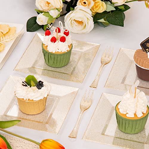 DaYammi 100 Plastic Dessert Plates 6" with 100 Plastic Forks 5.7"- Gold Glitter Disposable Square Plates, Fancy Salad Plates, Appetizer Plates and Gold Plastic Forks Combo Bulk Set