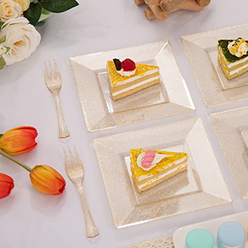 DaYammi 100 Plastic Dessert Plates 6" with 100 Plastic Forks 5.7"- Gold Glitter Disposable Square Plates, Fancy Salad Plates, Appetizer Plates and Gold Plastic Forks Combo Bulk Set