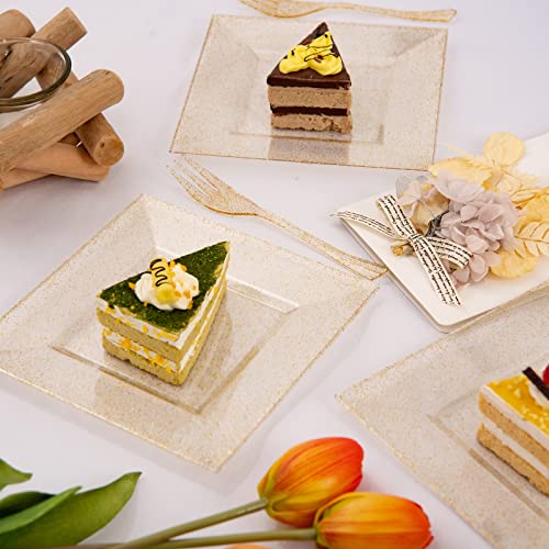 DaYammi 100 Plastic Dessert Plates 6" with 100 Plastic Forks 5.7"- Gold Glitter Disposable Square Plates, Fancy Salad Plates, Appetizer Plates and Gold Plastic Forks Combo Bulk Set