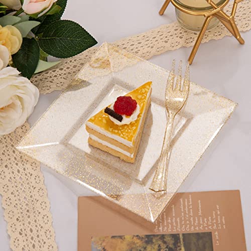DaYammi 100 Plastic Dessert Plates 6" with 100 Plastic Forks 5.7"- Gold Glitter Disposable Square Plates, Fancy Salad Plates, Appetizer Plates and Gold Plastic Forks Combo Bulk Set