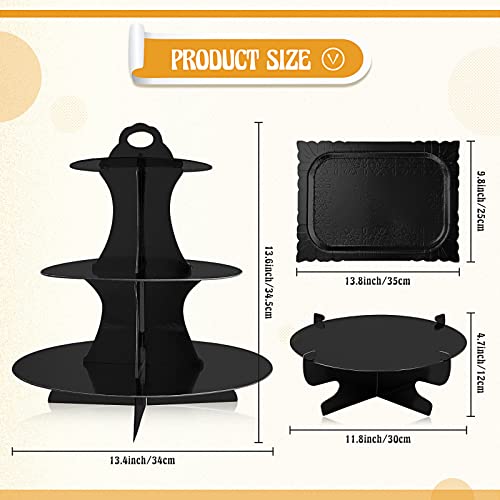 7 Pieces Cake Stand Set 3-Tier Cardboard Cupcake Stand 1-Tier Cake Stand Round Dessert Stand Rectangle Serving Tray Reusable Platters Cupcake Holders for Desserts Birthday Party(Black)