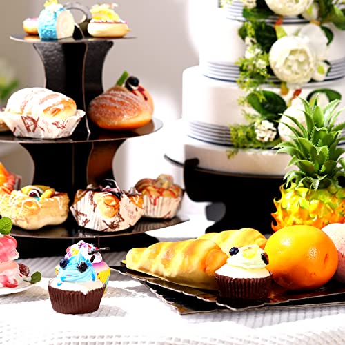 7 Pieces Cake Stand Set 3-Tier Cardboard Cupcake Stand 1-Tier Cake Stand Round Dessert Stand Rectangle Serving Tray Reusable Platters Cupcake Holders for Desserts Birthday Party(Black)