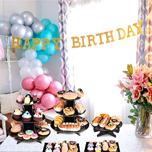 7 Pieces Cake Stand Set 3-Tier Cardboard Cupcake Stand 1-Tier Cake Stand Round Dessert Stand Rectangle Serving Tray Reusable Platters Cupcake Holders for Desserts Birthday Party(Black)