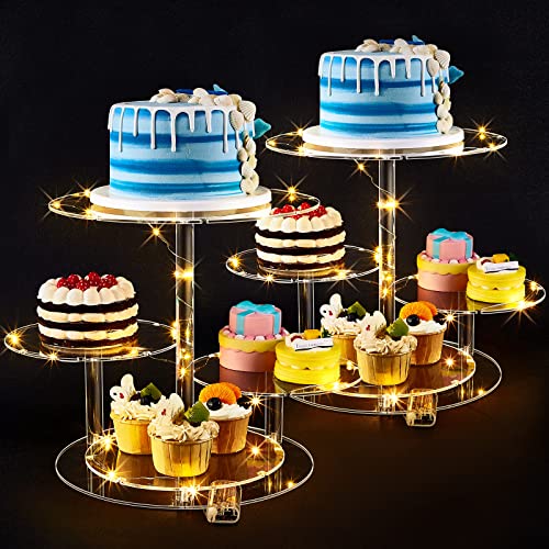 2 Pcs 4 Tier Acrylic Cupcake Tower Stand Clear Round Cake Stand with 2 Pcs LED String Light Cupcake Holder Dessert Pastry Display Stand for Wedding Baby Showers Graduation Birthday Tea Party Table