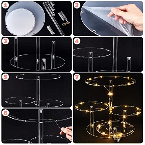 2 Pcs 4 Tier Acrylic Cupcake Tower Stand Clear Round Cake Stand with 2 Pcs LED String Light Cupcake Holder Dessert Pastry Display Stand for Wedding Baby Showers Graduation Birthday Tea Party Table